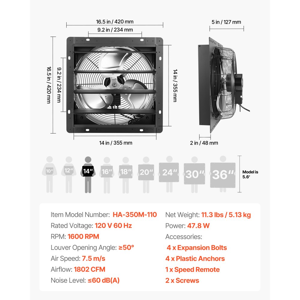 VEVOR 14 in Shutter Exhaust Fan Wall-Mount Automatic Louvers Variable Speed, Sturdy Steel Housing, Low Noise, AC Motor, 1802 CFM Ventilation and Cooling for Attic, Garage, Barn, Greenhouse, Workshop