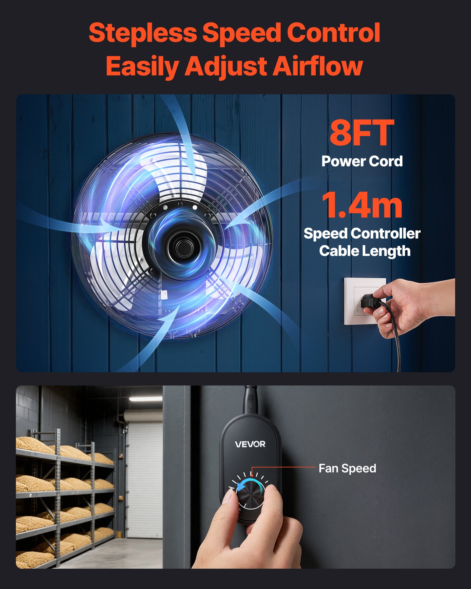 VEVOR 14 in Shutter Exhaust Fan Wall-Mount Automatic Louvers Variable Speed, Sturdy Steel Housing, Low Noise, AC Motor, 1802 CFM Ventilation and Cooling for Attic, Garage, Barn, Greenhouse, Workshop
