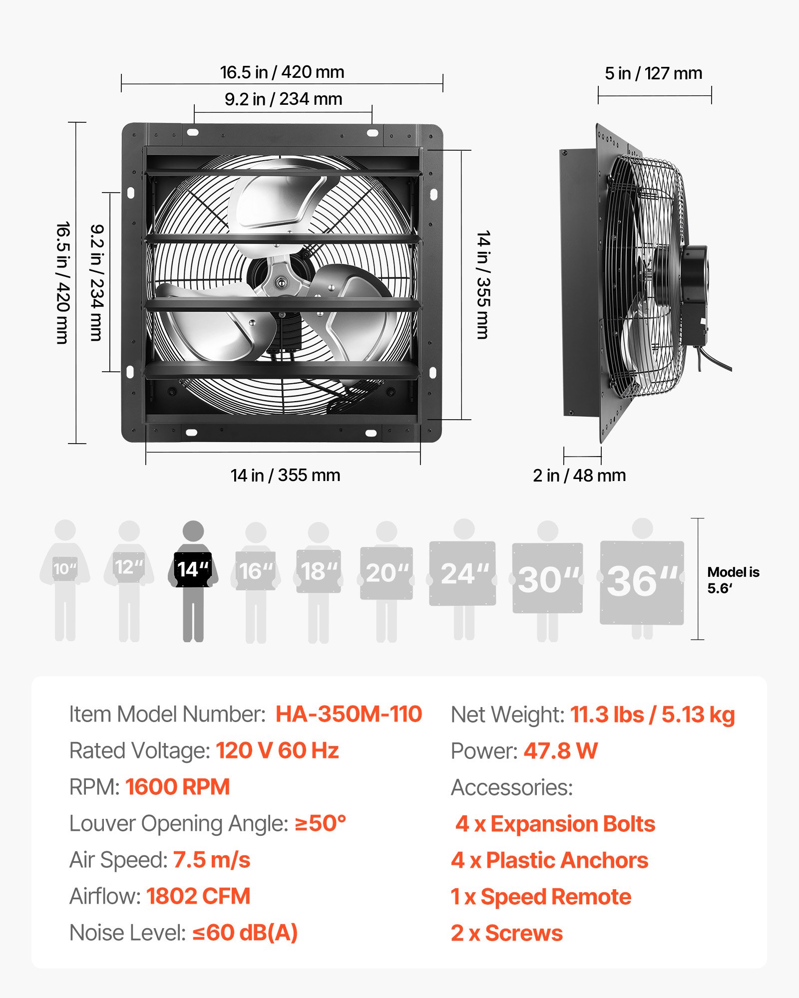 VEVOR 14 in Shutter Exhaust Fan Wall-Mount Automatic Louvers Variable Speed, Sturdy Steel Housing, Low Noise, AC Motor, 1802 CFM Ventilation and Cooling for Attic, Garage, Barn, Greenhouse, Workshop