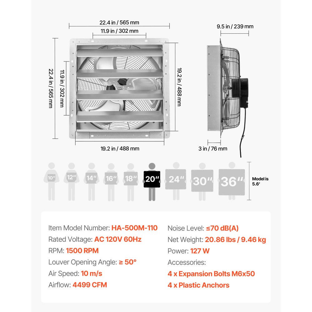 VEVOR 20 Inch Shutter Exhaust Fan Wall Mounted Automatic Louvers Silver, Sturdy Steel Housing, Low Noise, AC Motor, 4499 CFM Ventilation and Cooling for Attic, Garage, Barn, Greenhouse, Workshop