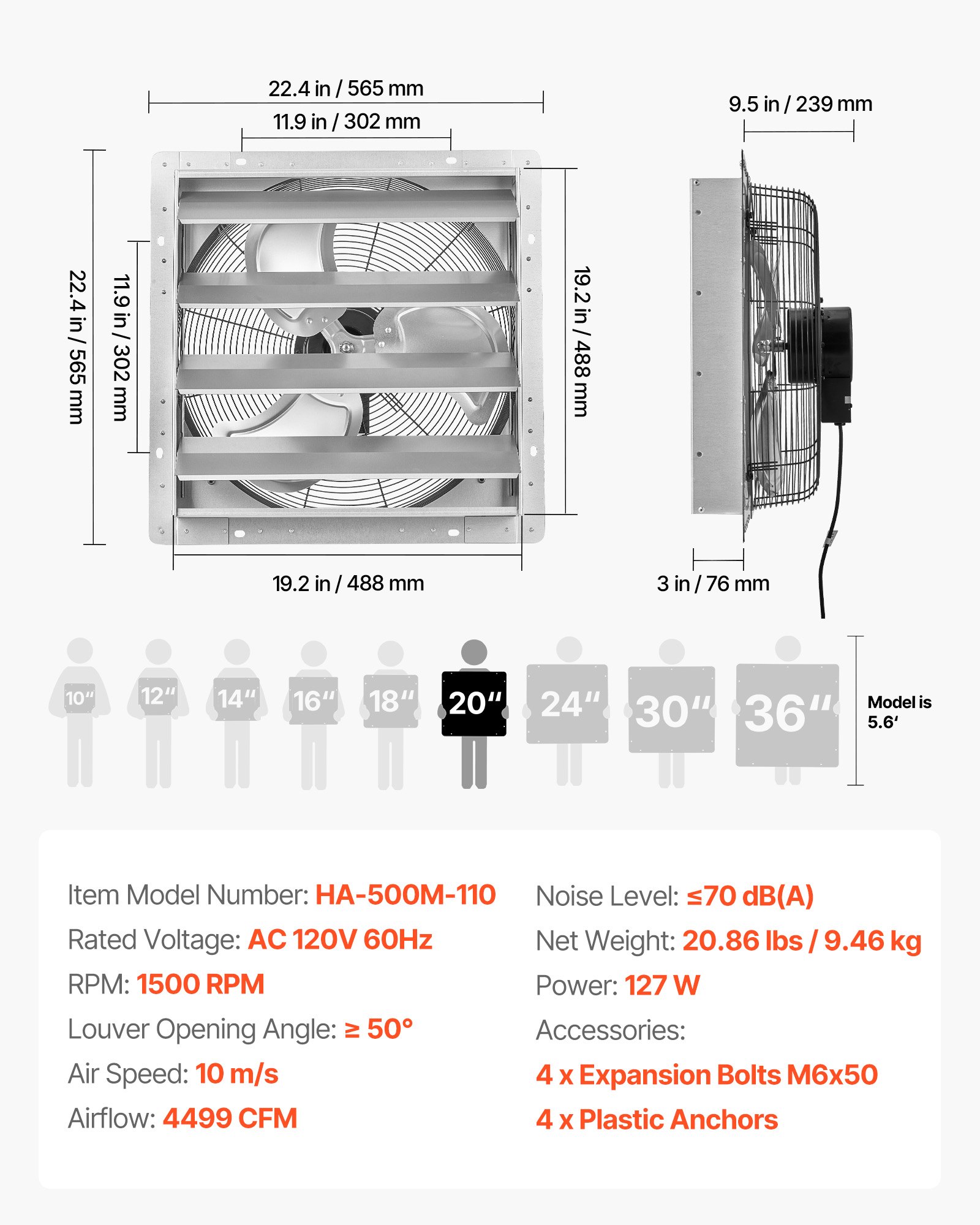 VEVOR 20 Inch Shutter Exhaust Fan Wall Mounted Automatic Louvers Silver, Sturdy Steel Housing, Low Noise, AC Motor, 4499 CFM Ventilation and Cooling for Attic, Garage, Barn, Greenhouse, Workshop
