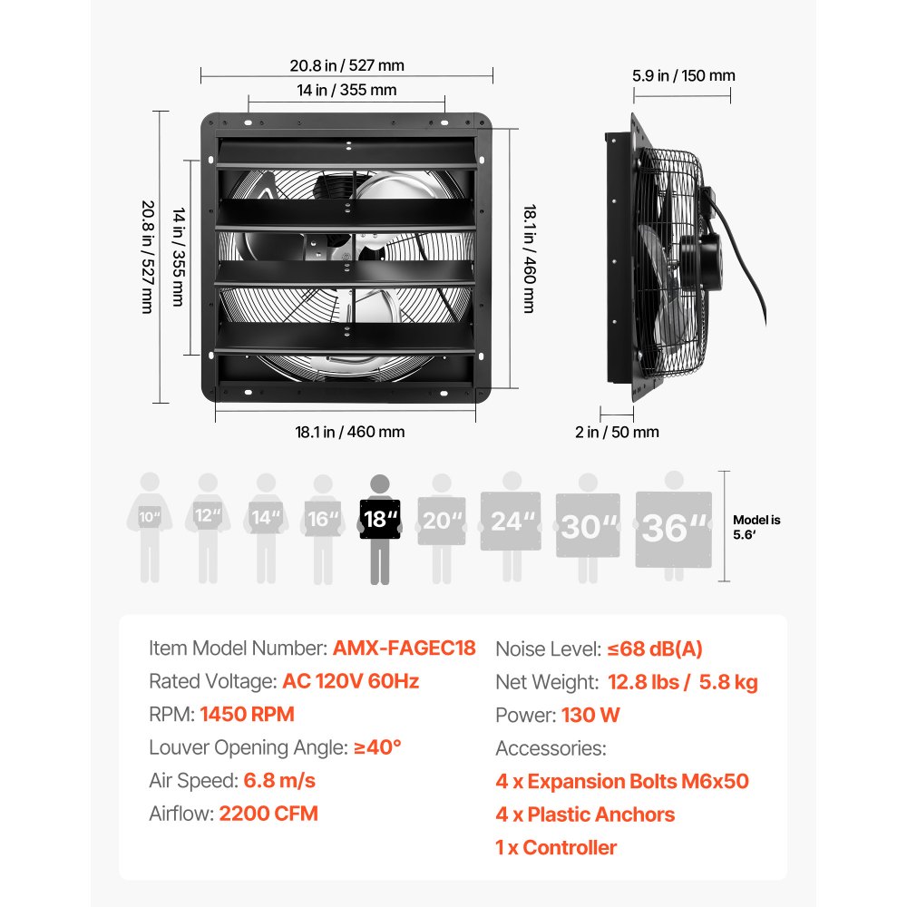 VEVOR 18 inch Shutter Exhaust Fan Wall-Mount Variable Speed Temperature, Automatic Louvers Sturdy Steel Housing, Low Noise, Ventilation and Cooling for Attic, Garage, Barn, Greenhouse, Workshop