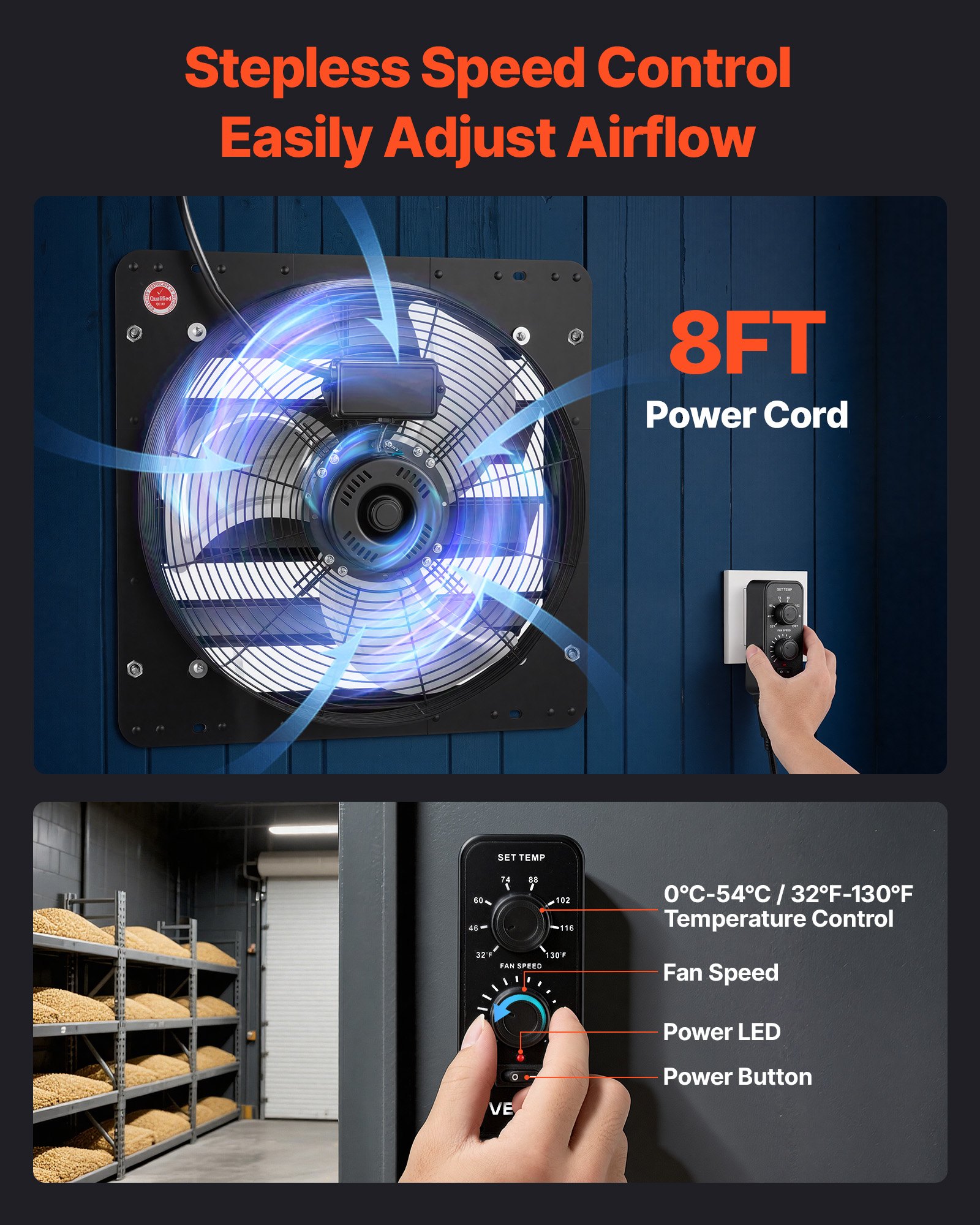 VEVOR 18 inch Shutter Exhaust Fan Wall-Mount Variable Speed Temperature, Automatic Louvers Sturdy Steel Housing, Low Noise, Ventilation and Cooling for Attic, Garage, Barn, Greenhouse, Workshop