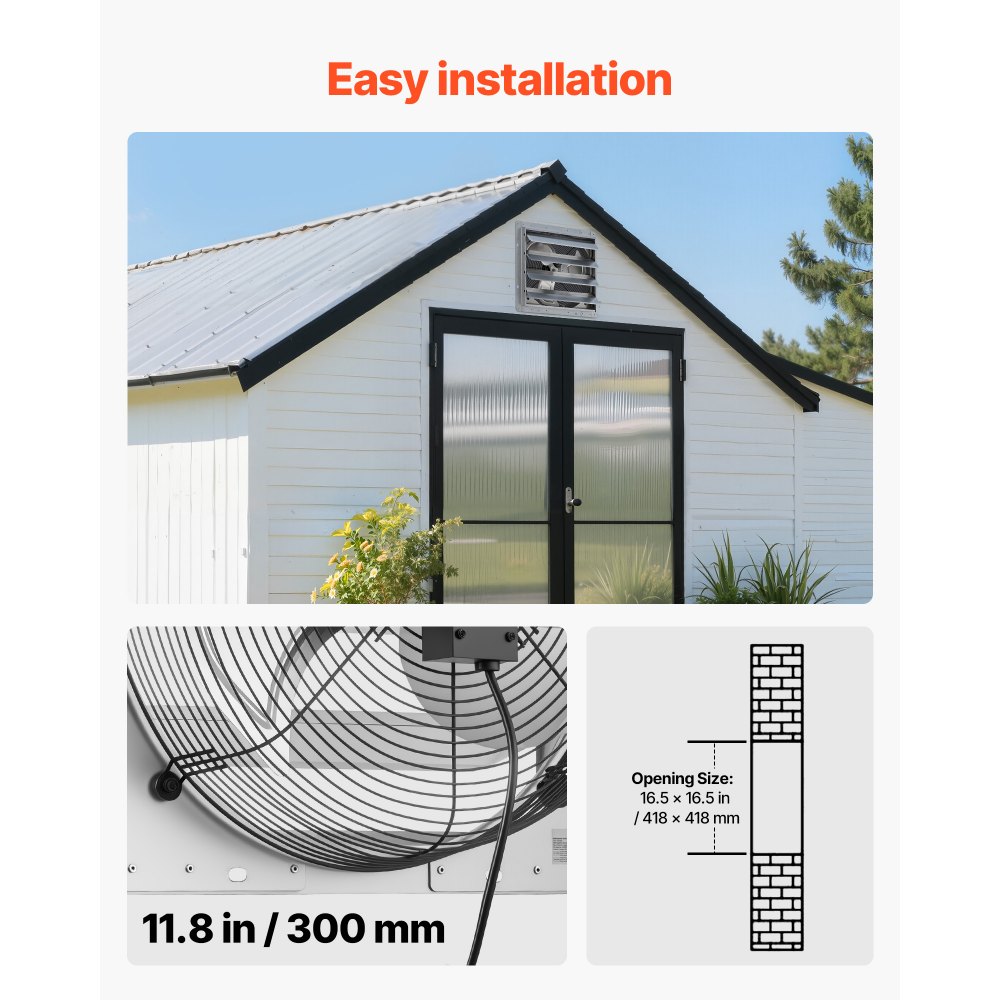 VEVOR 16 Inch Shutter Exhaust Fan Wall Mounted Automatic Louvers Silver, Sturdy Steel Housing, 2438 CFM Low Noise, AC Motor, Ventilation and Cooling for Attic, Garage, Barn, Greenhouse, Workshop