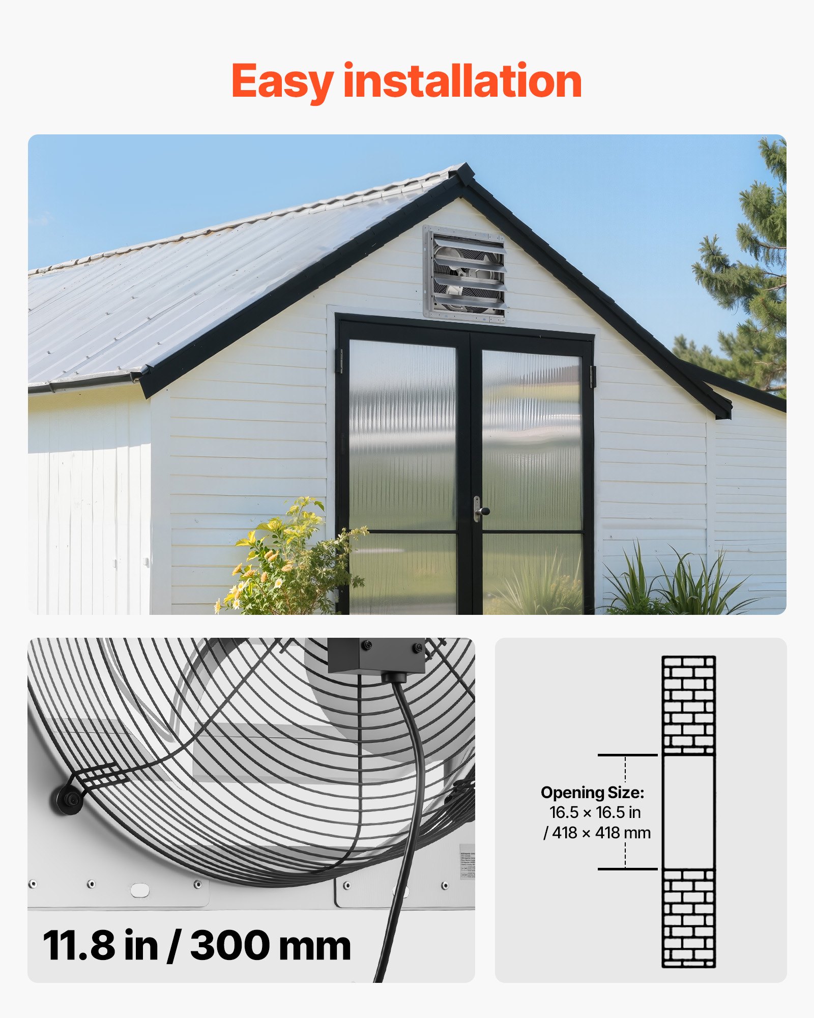VEVOR 16 Inch Shutter Exhaust Fan Wall Mounted Automatic Louvers Silver, Sturdy Steel Housing, 2438 CFM Low Noise, AC Motor, Ventilation and Cooling for Attic, Garage, Barn, Greenhouse, Workshop