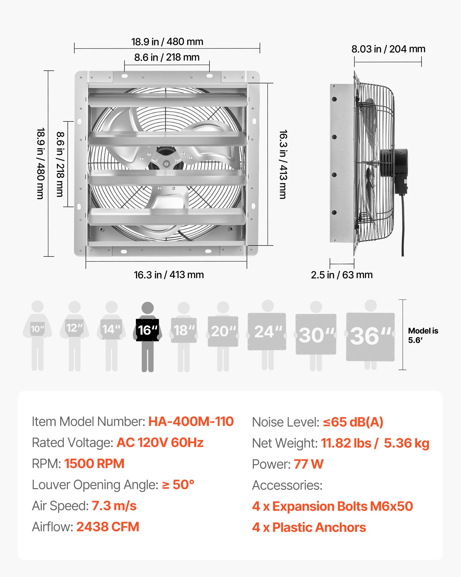 VEVOR 16 Inch Shutter Exhaust Fan Wall Mounted Automatic Louvers Silver, Sturdy Steel Housing, 2438 CFM Low Noise, AC Motor, Ventilation and Cooling for Attic, Garage, Barn, Greenhouse, Workshop