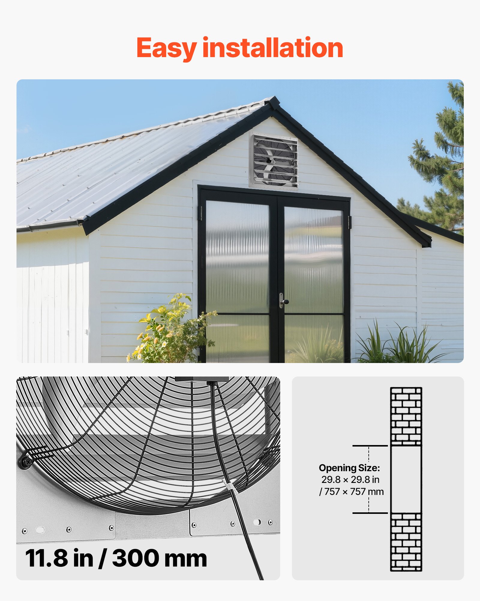 VEVOR 30 Inch Shutter Exhaust Fan Wall Mounted Automatic Louvers Silver, Sturdy Steel Housing, Low Noise, AC Motor, 8099 CFM Ventilation and Cooling for Attic, Garage, Barn, Greenhouse, Workshop
