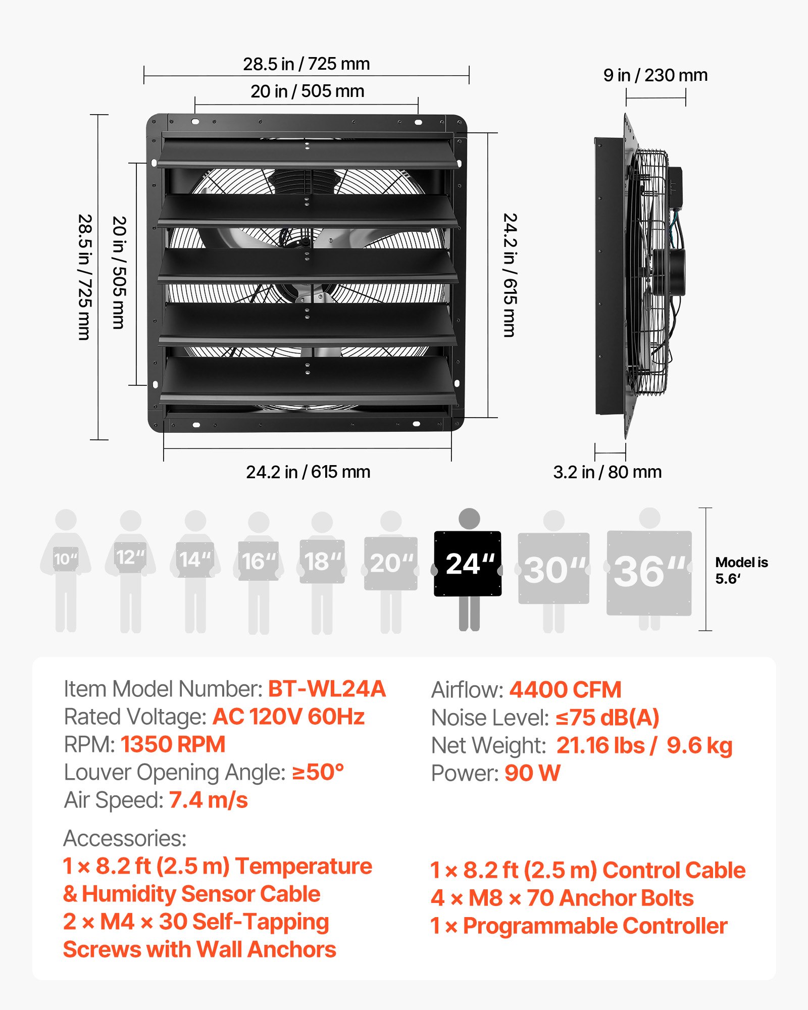 VEVOR 24 Inch Shutter Exhaust Fan Wall Mounted Automatic Louvers EC Motor, Steel Housing, Temperature & Humidity Controller, Ventilation & Cooling for Attic, Garage, Barn, Greenhouse, Workshop, Black
