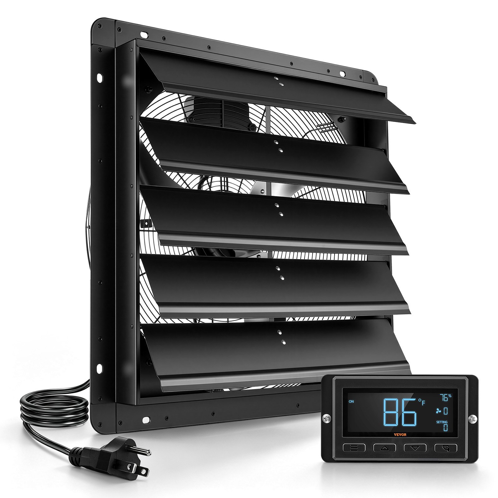 VEVOR 24 Inch Shutter Exhaust Fan Wall Mounted Automatic Louvers EC Motor, Steel Housing, Temperature & Humidity Controller, Ventilation & Cooling for Attic, Garage, Barn, Greenhouse, Workshop, Black