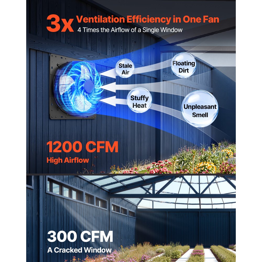 VEVOR 14 Inch Shutter Exhaust Fan Wall Mounted Automatic Louvers EC Motor, Steel Housing, Temperature & Humidity Controller, Ventilation & Cooling for Attic, Garage, Barn, Greenhouse, Workshop, Black