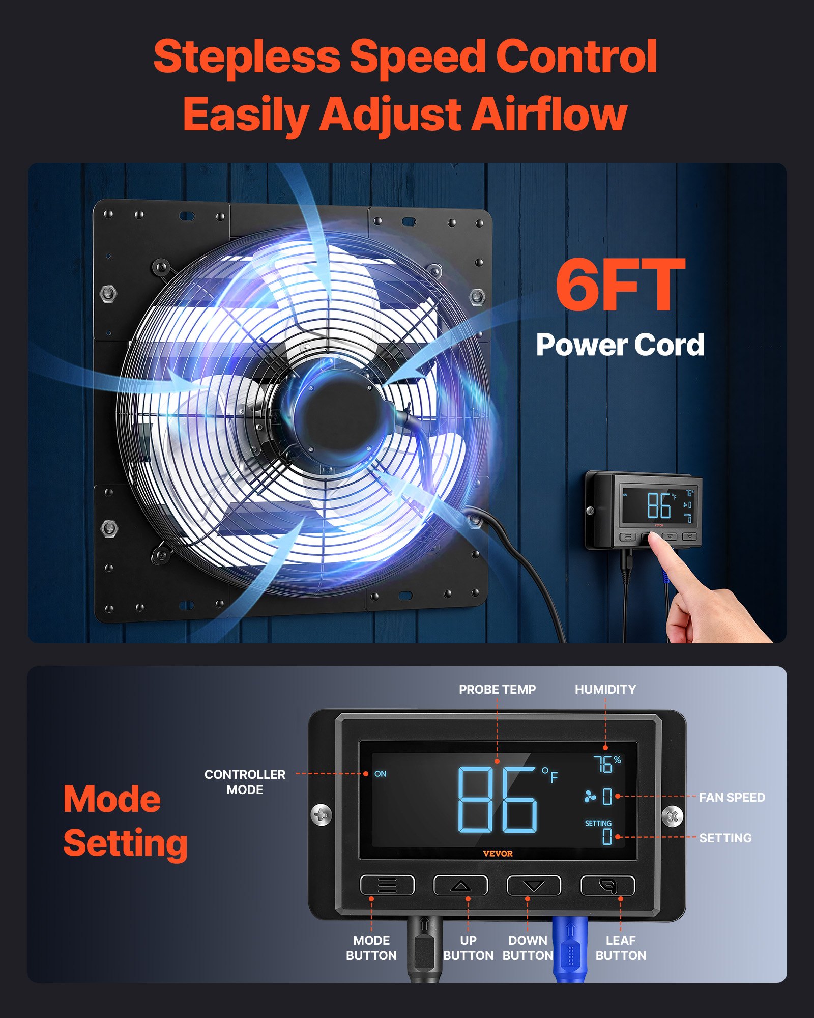 VEVOR 14 Inch Shutter Exhaust Fan Wall Mounted Automatic Louvers EC Motor, Steel Housing, Temperature & Humidity Controller, Ventilation & Cooling for Attic, Garage, Barn, Greenhouse, Workshop, Black
