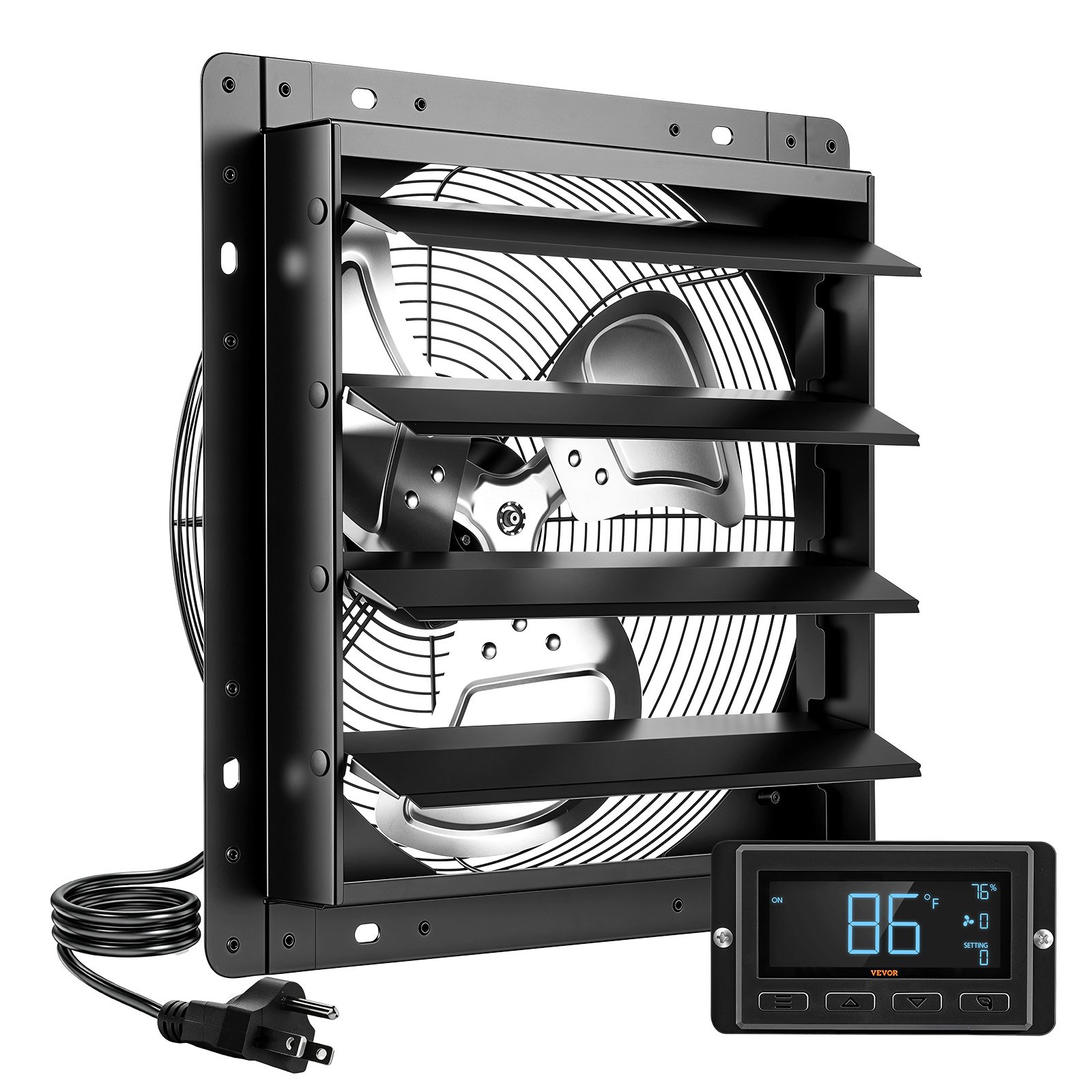 VEVOR 14 Inch Shutter Exhaust Fan Wall Mounted Automatic Louvers EC Motor, Steel Housing, Temperature & Humidity Controller, Ventilation & Cooling for Attic, Garage, Barn, Greenhouse, Workshop, Black