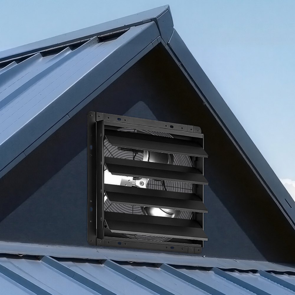 VEVOR 16 Inch Shutter Exhaust Fan Wall Mounted Automatic Louvers EC Motor, Steel Housing, Temperature & Humidity Controller, Ventilation & Cooling for Attic, Garage, Barn, Greenhouse, Workshop, Black