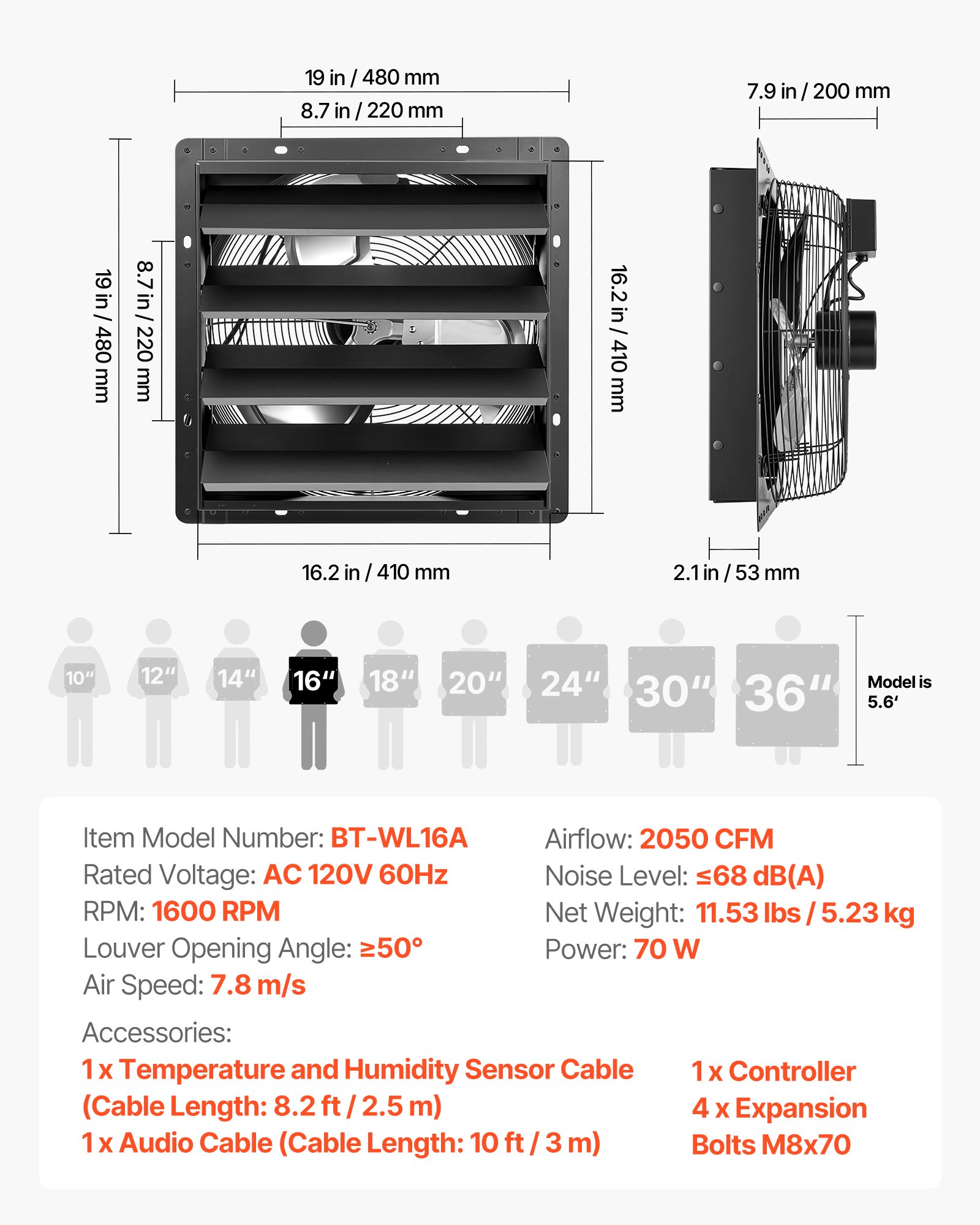 VEVOR 16 Inch Shutter Exhaust Fan Wall Mounted Automatic Louvers EC Motor, Steel Housing, Temperature & Humidity Controller, Ventilation & Cooling for Attic, Garage, Barn, Greenhouse, Workshop, Black