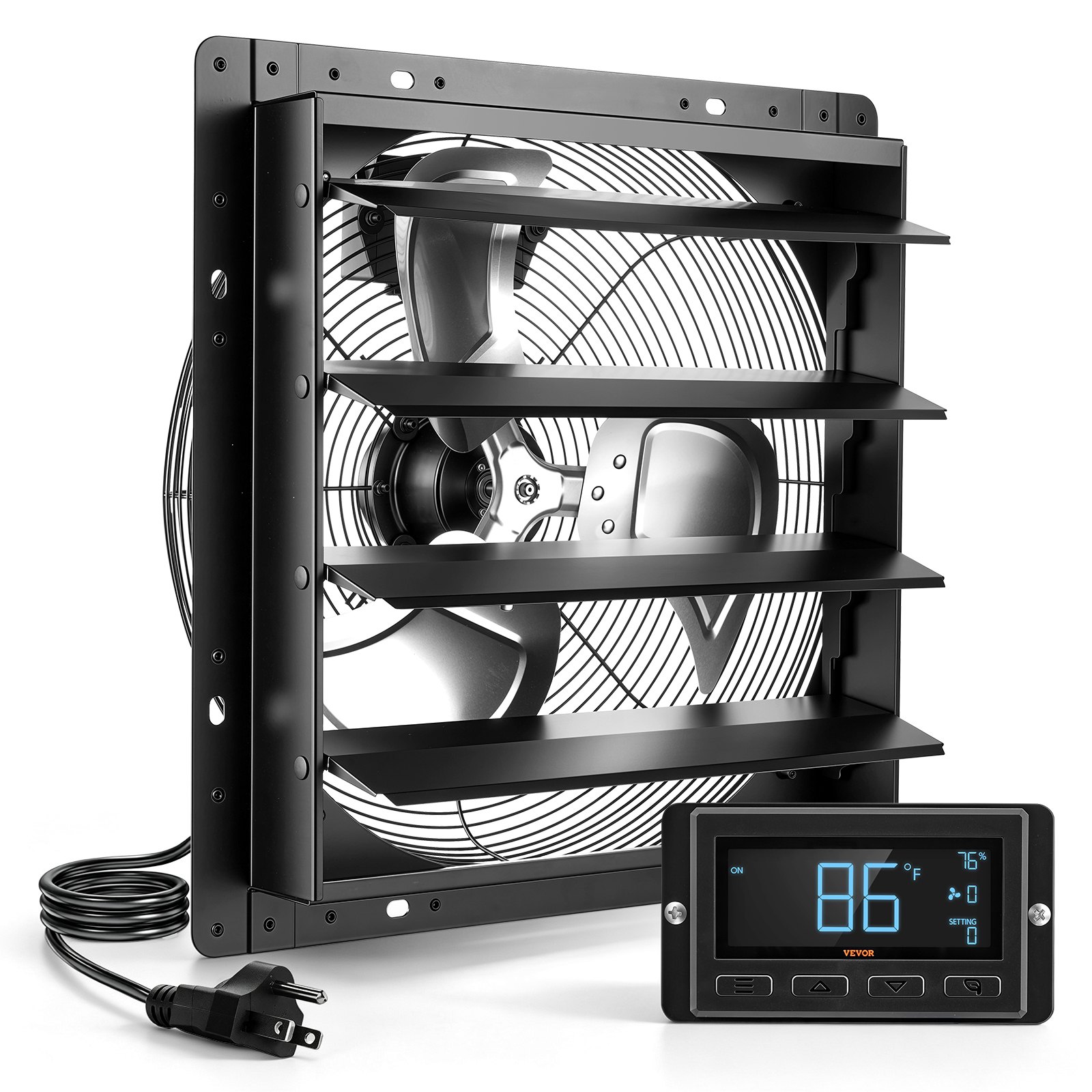 VEVOR 16 Inch Shutter Exhaust Fan Wall Mounted Automatic Louvers EC Motor, Steel Housing, Temperature & Humidity Controller, Ventilation & Cooling for Attic, Garage, Barn, Greenhouse, Workshop, Black