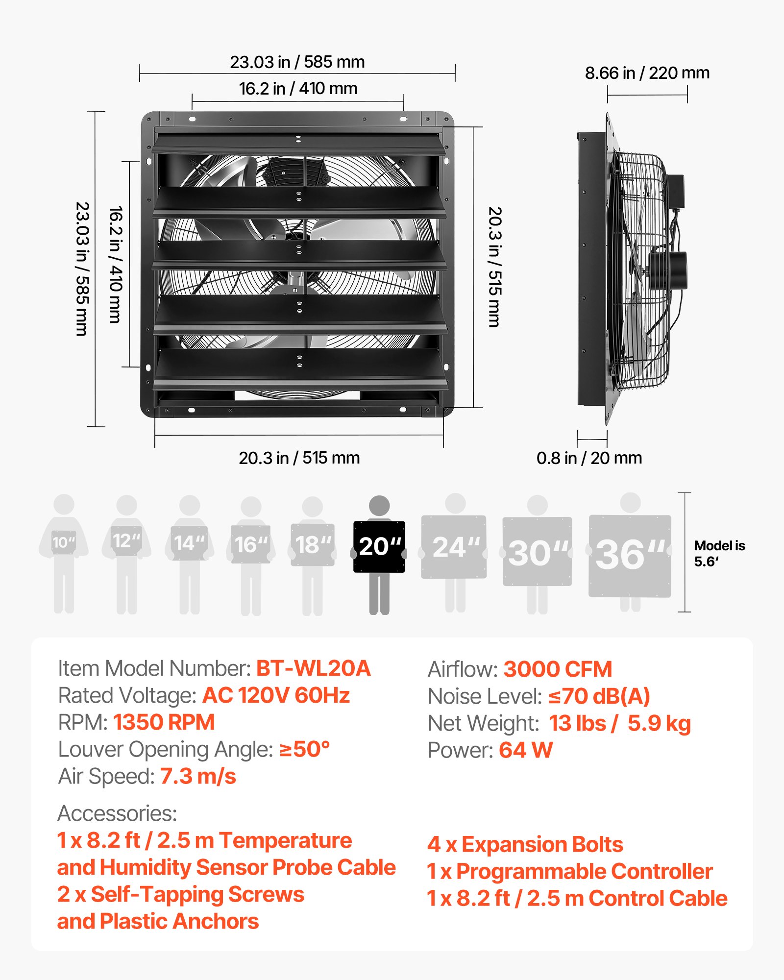 VEVOR 20 Inch Shutter Exhaust Fan Wall Mounted Automatic Louvers EC Motor, Steel Housing, Temperature & Humidity Controller, Ventilation & Cooling for Attic, Garage, Barn, Greenhouse, Workshop, Black