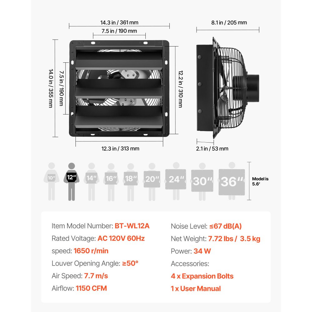 VEVOR 12 Inch Shutter Exhaust Fan Wall Mounted Automatic Louvers EC Motor, Steel Housing, Temperature & Humidity Controller, Ventilation & Cooling for Attic, Garage, Barn, Greenhouse, Workshop, Black