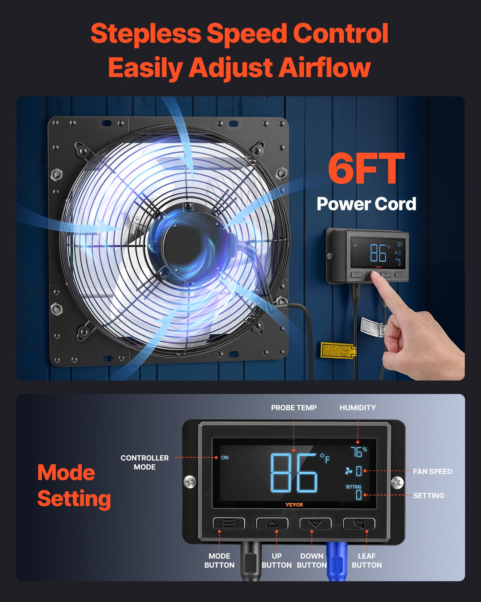 VEVOR 12 Inch Shutter Exhaust Fan Wall Mounted Automatic Louvers EC Motor, Steel Housing, Temperature & Humidity Controller, Ventilation & Cooling for Attic, Garage, Barn, Greenhouse, Workshop, Black