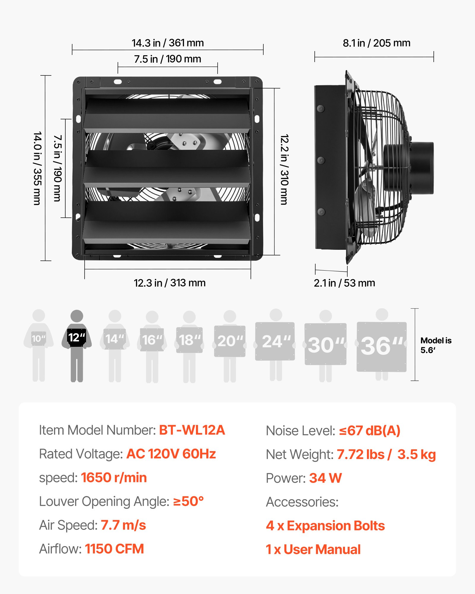 VEVOR 12 Inch Shutter Exhaust Fan Wall Mounted Automatic Louvers EC Motor, Steel Housing, Temperature & Humidity Controller, Ventilation & Cooling for Attic, Garage, Barn, Greenhouse, Workshop, Black
