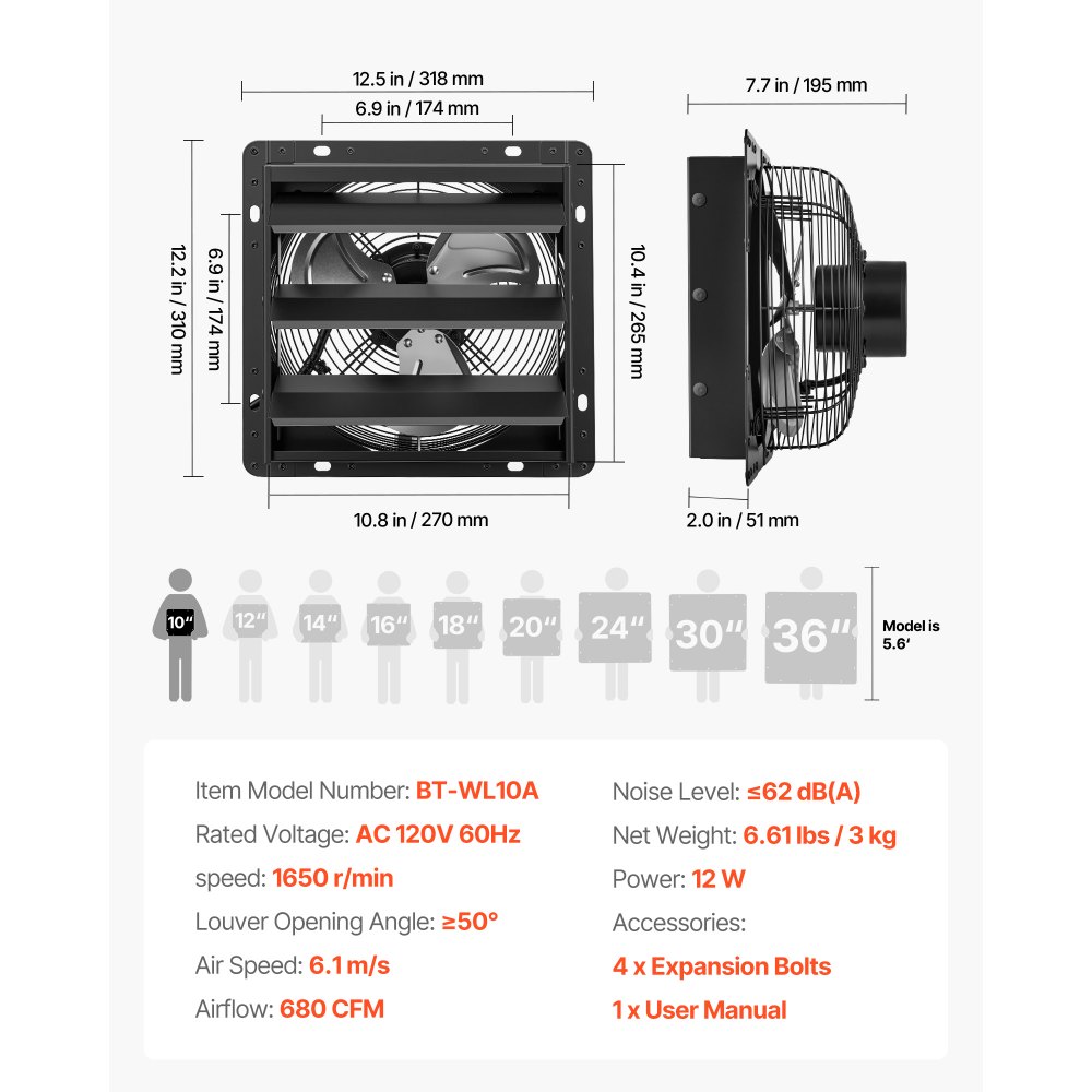 VEVOR 10 Inch Shutter Exhaust Fan Wall Mounted Automatic Louvers EC Motor, Steel Housing, Temperature & Humidity Controller, Ventilation & Cooling for Attic, Garage, Barn, Greenhouse, Workshop, Black