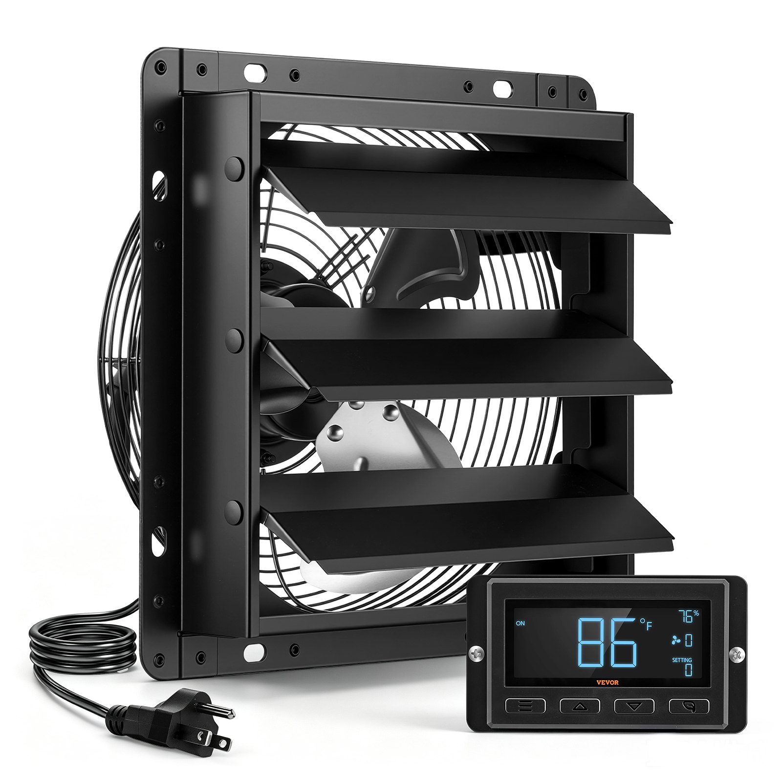 VEVOR 10 Inch Shutter Exhaust Fan Wall Mounted Automatic Louvers EC Motor, Steel Housing, Temperature & Humidity Controller, Ventilation & Cooling for Attic, Garage, Barn, Greenhouse, Workshop, Black