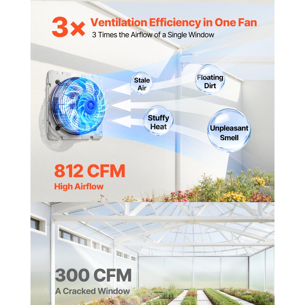 VEVOR 268 mm Shutter Exhaust Fan Wall Mounted 812 CFM Automatic Louvers, Sturdy Steel Housing, Low Noise, AC Motor, Ventilation and Cooling for Attic, Garage, Barn, Greenhouse, Workshop, Silver