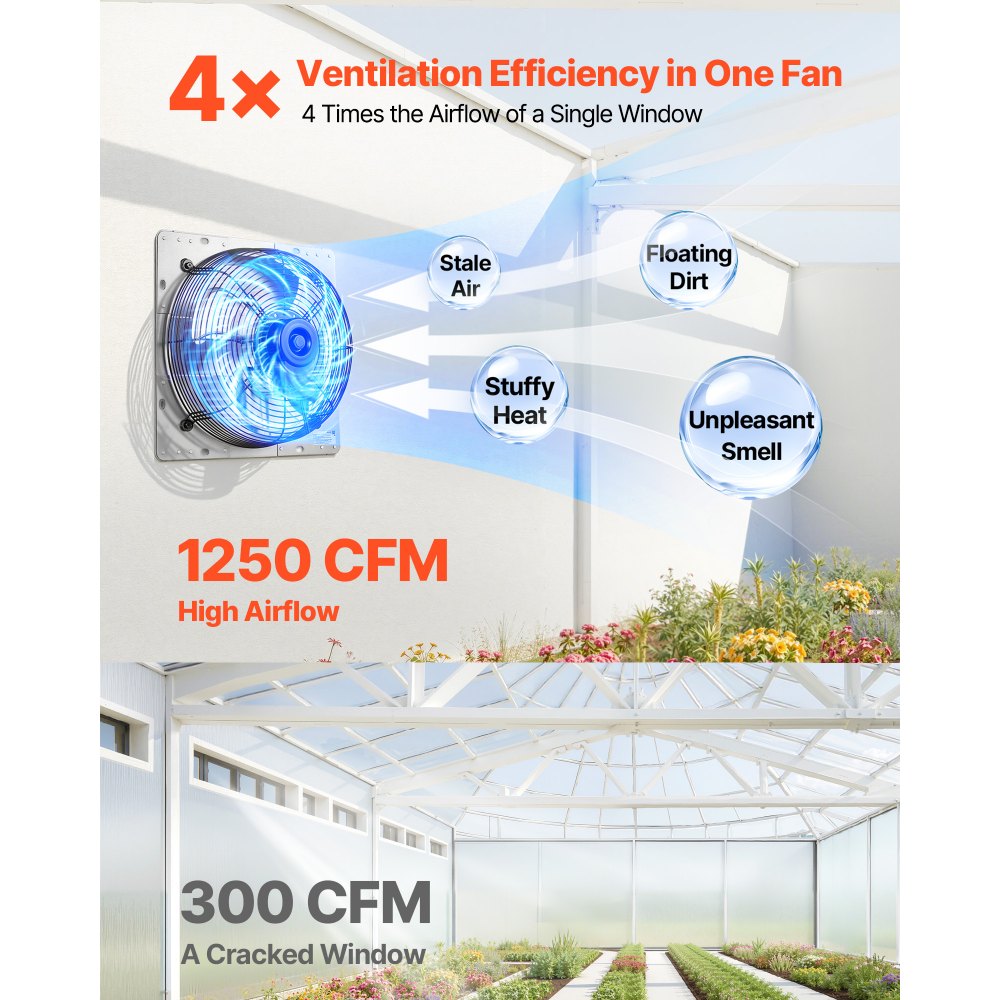 VEVOR 312 mm Shutter Exhaust Fan Wall Mounted 1250 CFM Automatic Louvers, Sturdy Steel Housing, Low Noise, AC Motor, Ventilation and Cooling for Attic, Garage, Barn, Greenhouse, Workshop, Silver