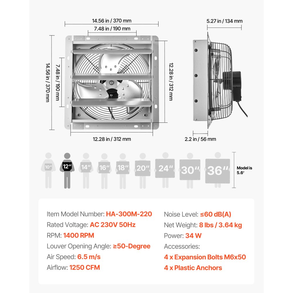 VEVOR 312 mm Shutter Exhaust Fan Wall Mounted 1250 CFM Automatic Louvers, Sturdy Steel Housing, Low Noise, AC Motor, Ventilation and Cooling for Attic, Garage, Barn, Greenhouse, Workshop, Silver