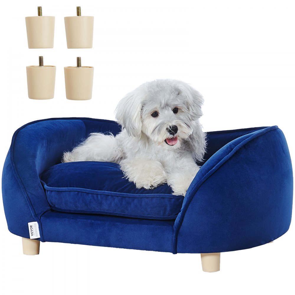 white dog on blue VEVOR dog sofa bed with four wooden legs shown separately.