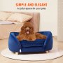 dog lounging on VEVOR dog sofa bed in blue, cozy and elegant design with bedroom background.