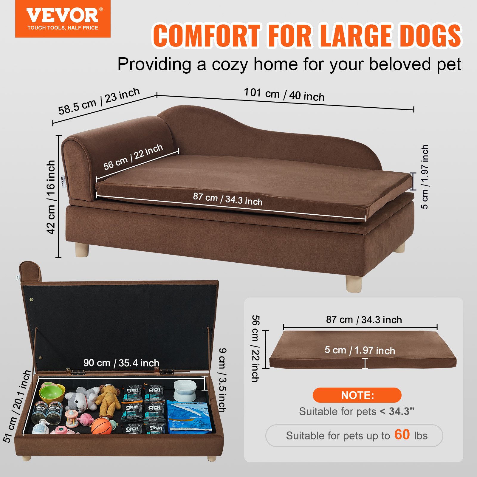 VEVOR Pet Sofa, Dog Couch for Large-Sized Dogs and Cats, Soft Velvety Dog Sofa Bed, 50 kg Loading Cat Sofa, Dark Brown