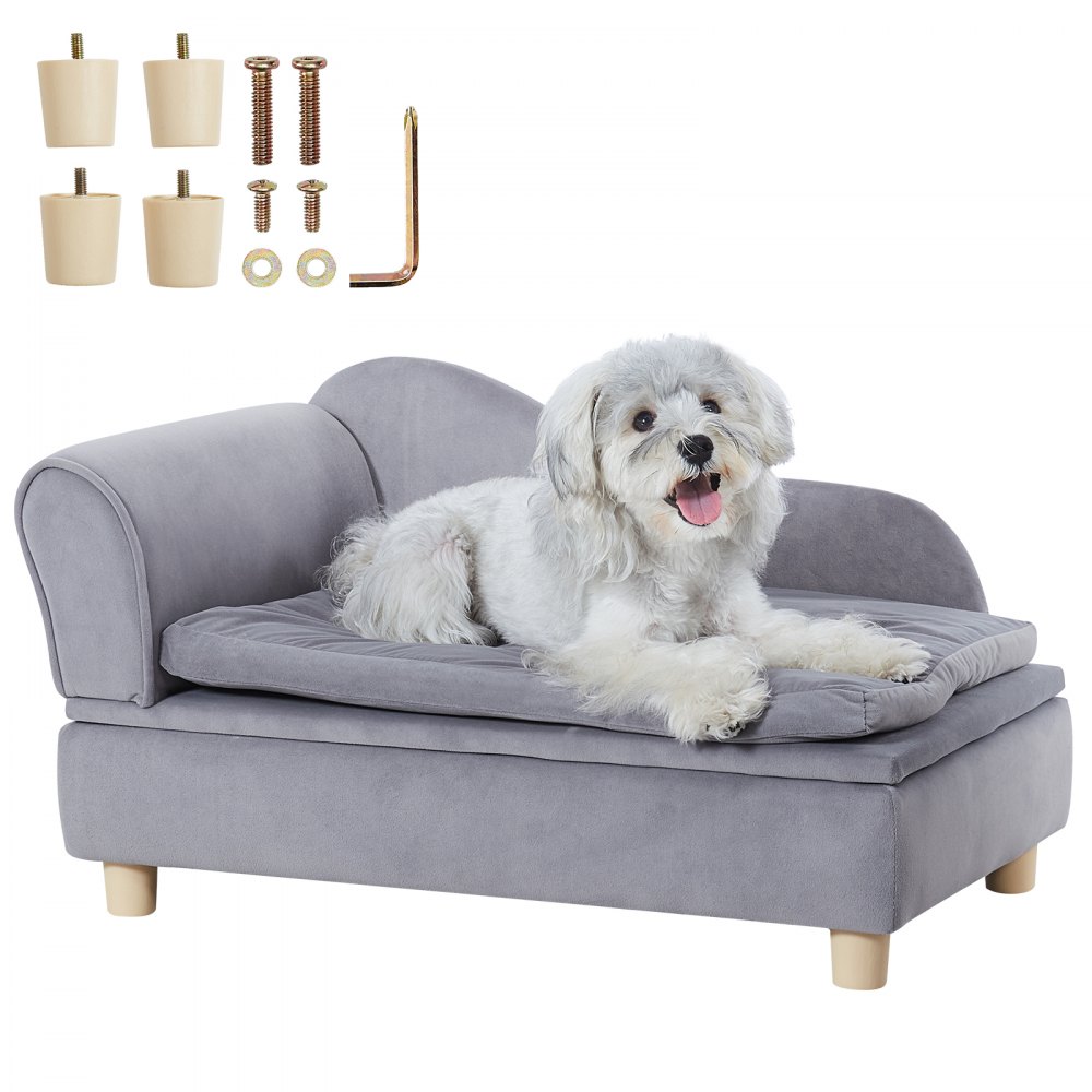 gray VEVOR pet sofa with a happy dog, wooden legs, screws, and assembly tools included.