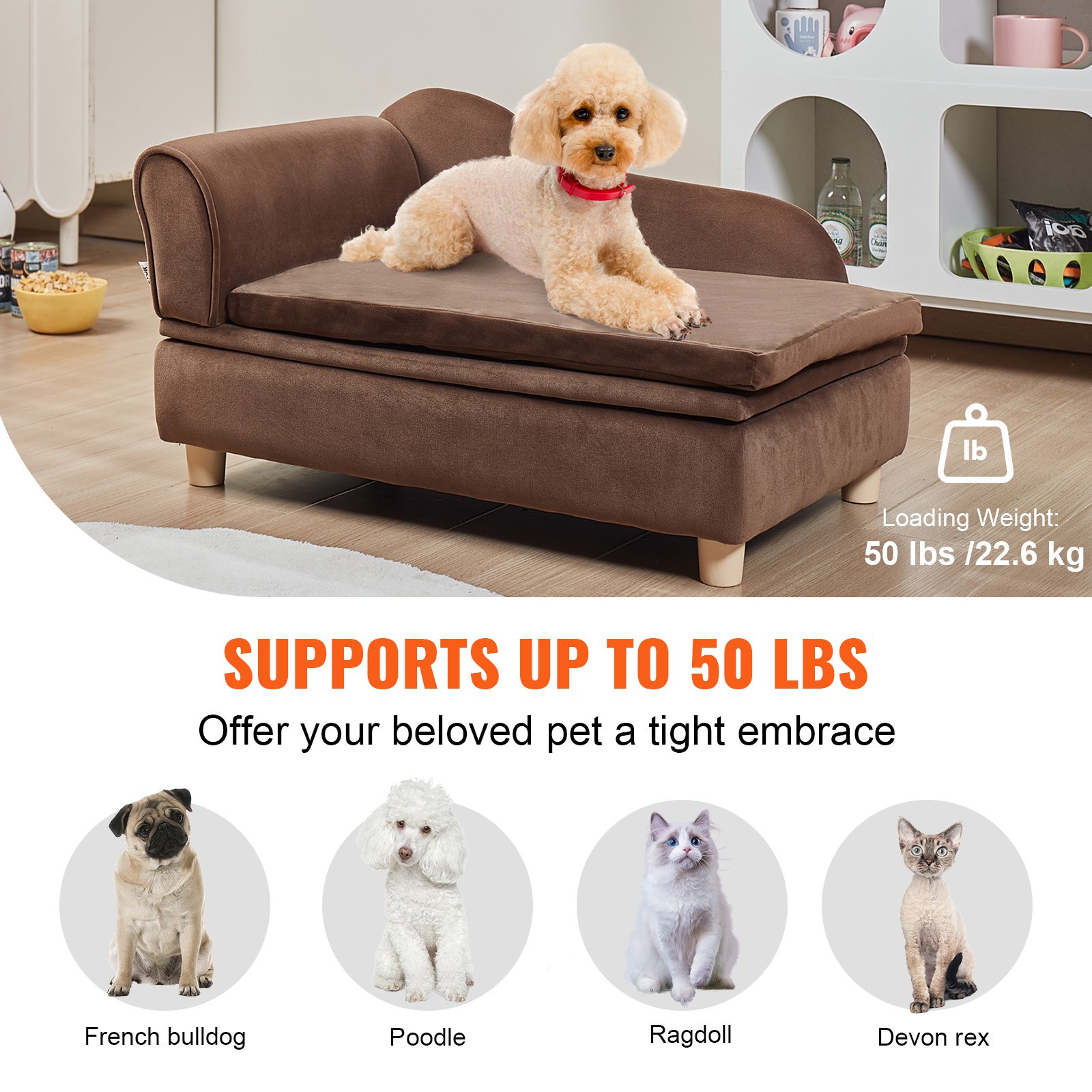 VEVOR Pet Sofa, Dog Couch for Medium-Sized Dogs and Cats, Soft Velvety Dog Sofa Bed, 37kg Loading Cat Sofa, Dark Brown