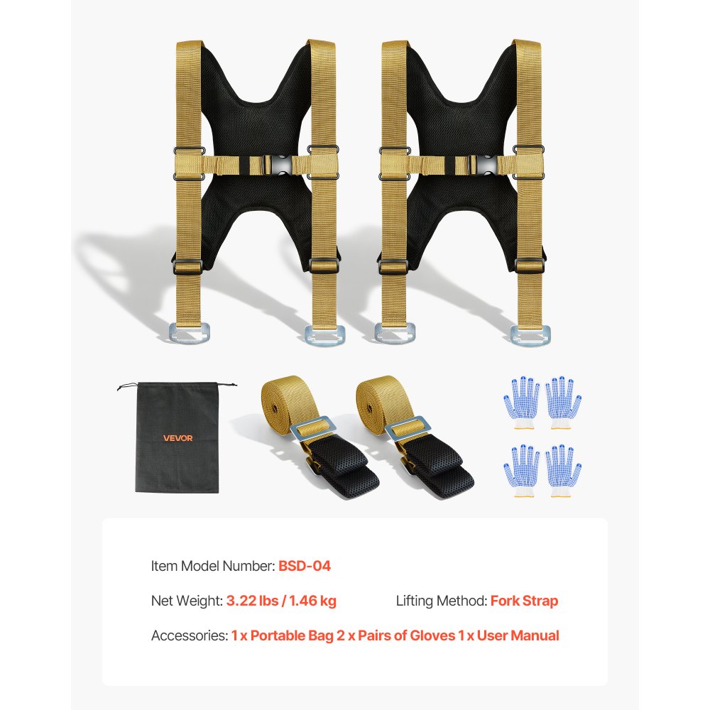 VEVOR Moving Straps, Supports up to 453.6 kg, 2-Person Lifting and Moving System with 2 Harness Straps & 2 Load-bearing Straps, Adjustable Lifting Straps for Moving Furniture Appliances Mattresses