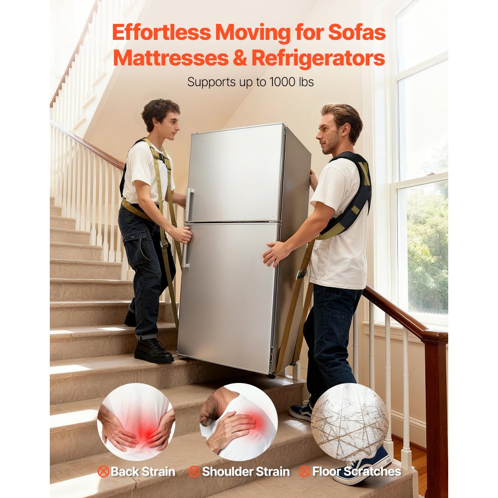 VEVOR Moving Straps, Supports up to 1000 lbs, 2-Person Lifting and Moving System with 2 Harness Straps & 2 Load-bearing Straps, Adjustable Lifting Straps for Moving Furniture Appliances Mattresses