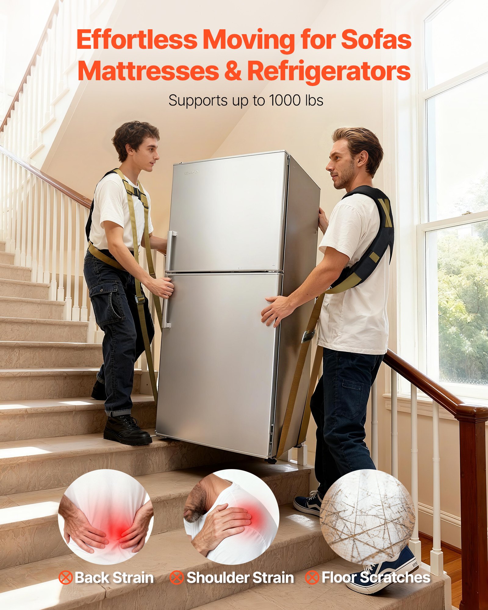 VEVOR Moving Straps, Supports up to 453.6 kg, 2-Person Lifting and Moving System with 2 Harness Straps & 2 Load-bearing Straps, Adjustable Lifting Straps for Moving Furniture Appliances Mattresses