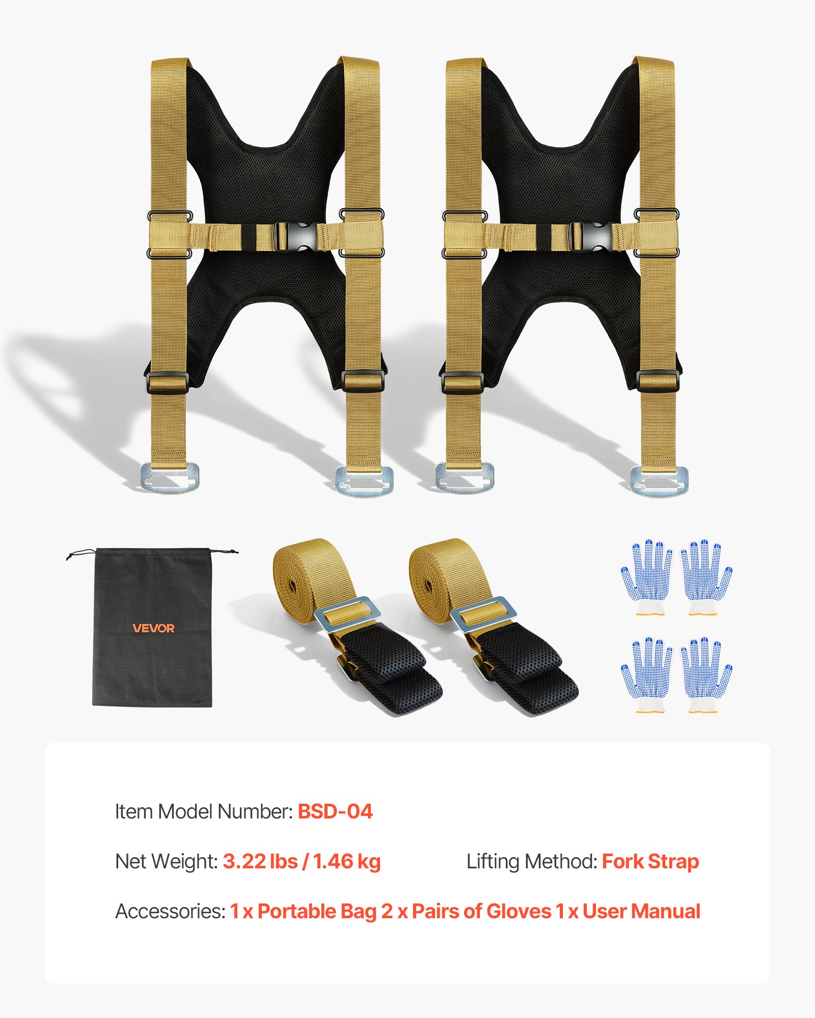 VEVOR Moving Straps, Supports up to 1000 lbs, 2-Person Lifting and Moving System with 2 Harness Straps & 2 Load-bearing Straps, Adjustable Lifting Straps for Moving Furniture Appliances Mattresses