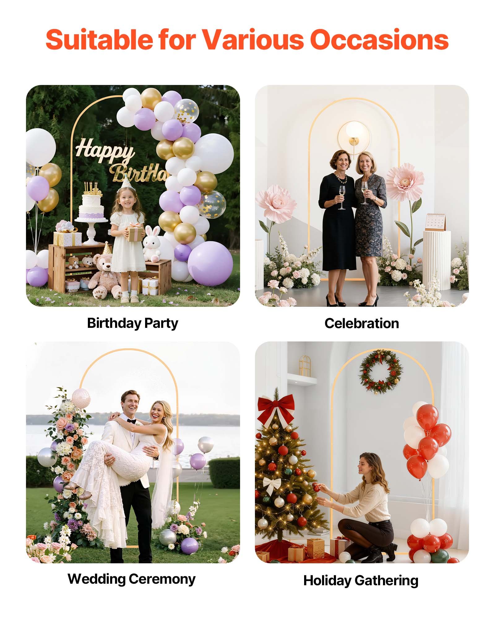 VEVOR Arch Backdrop Stand, 6.6 x 3.3 ft, Stable Structure, Easy Assembly, 1 Piece Gold Metal Arch Backdrop Stand for Wedding, Birthday Party, Graduation, Holiday Celebration, and Ceremony Decoration