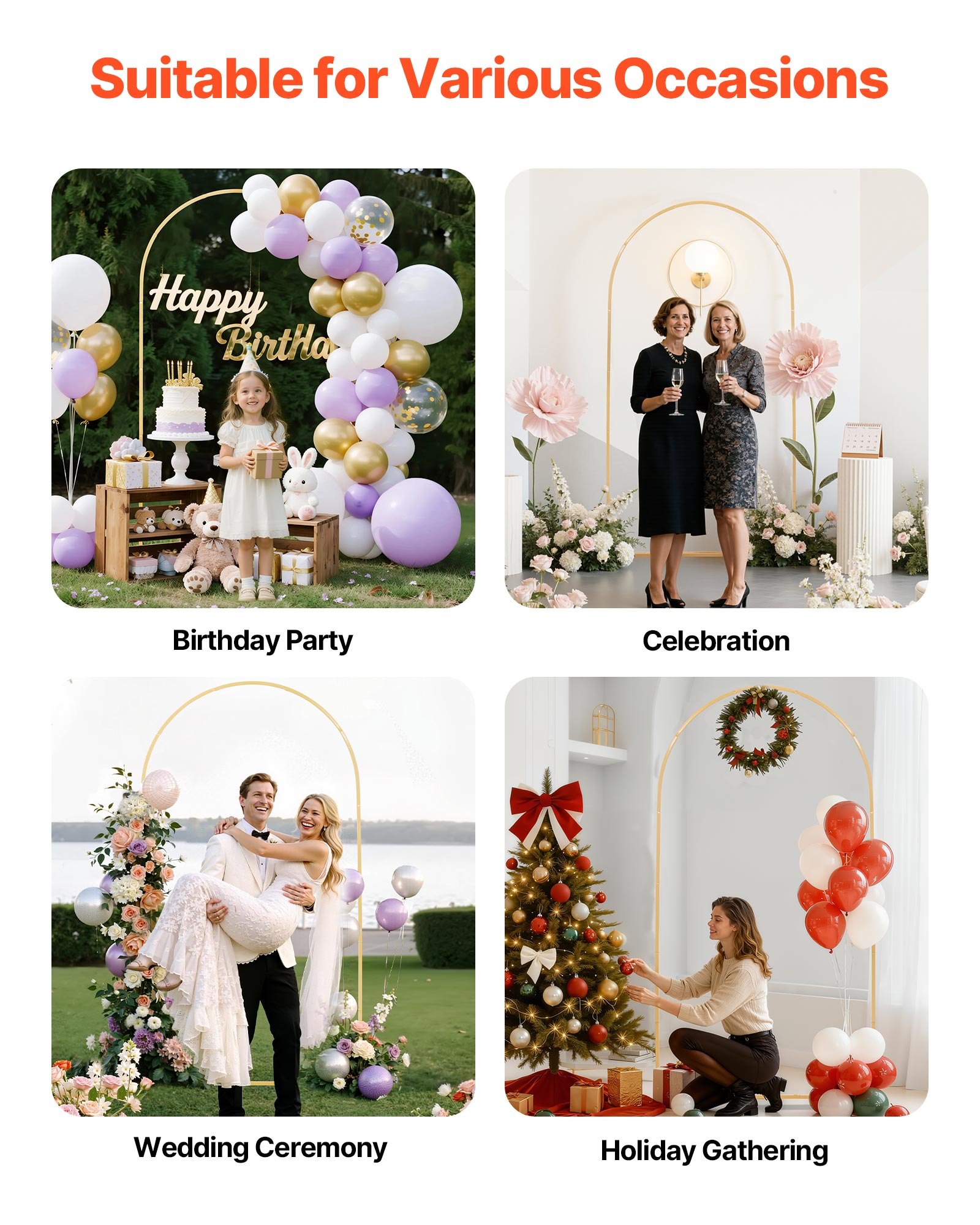 VEVOR Arch Backdrop Stand, 7.2 x 4 ft, Stable Structure, Easy Assembly, 1 Piece Gold Metal Arch Backdrop Stand for Wedding, Birthday Party, Graduation, Holiday Celebration, and Ceremony Decoration