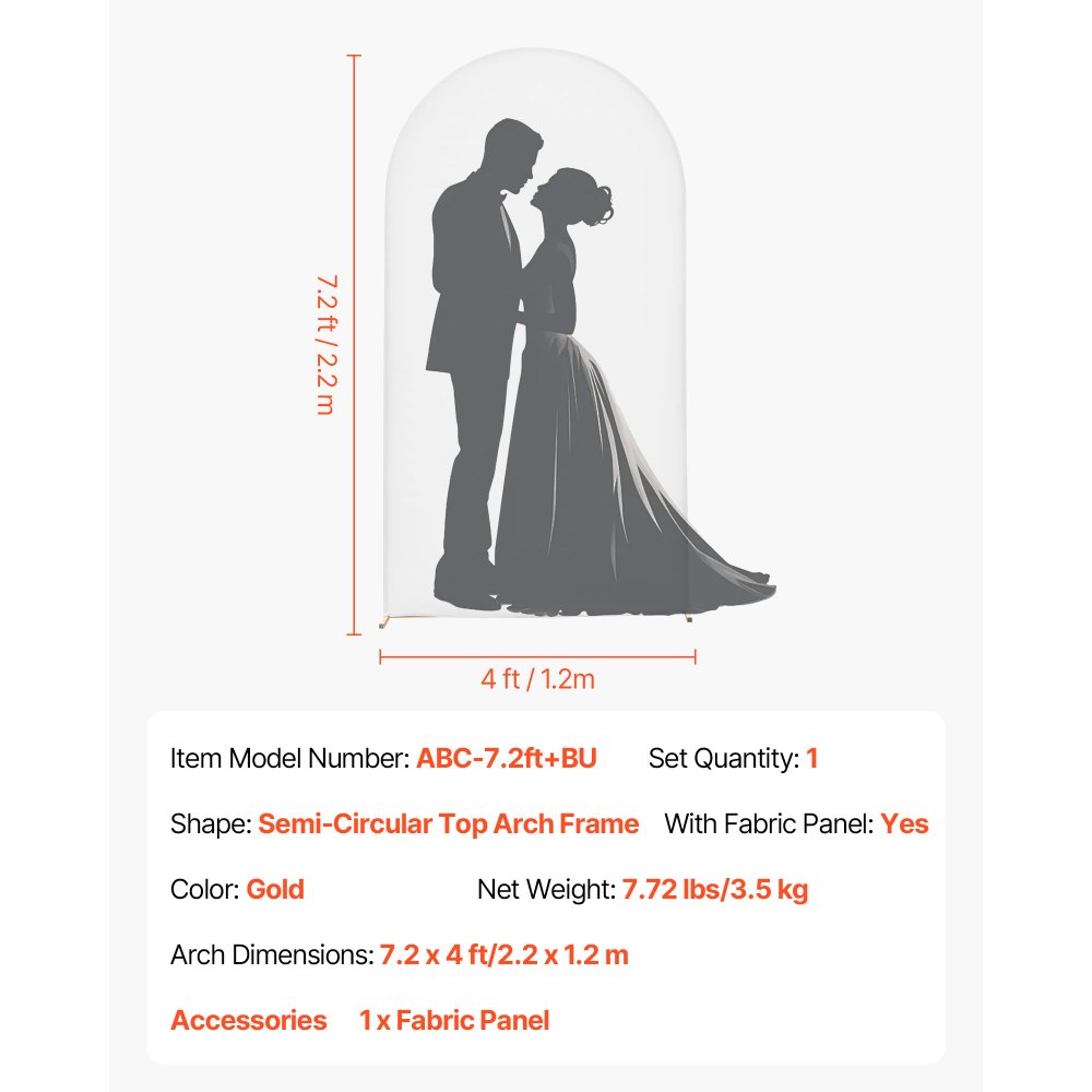 VEVOR Arch Backdrop Stand, 2.2 x 1.2 m, Stable Structure, Easy Assembly, 1 Set Gold Metal Arch Backdrop Stand with Cover for Wedding, Birthday Party, Holiday Celebration, and Ceremony Decoration