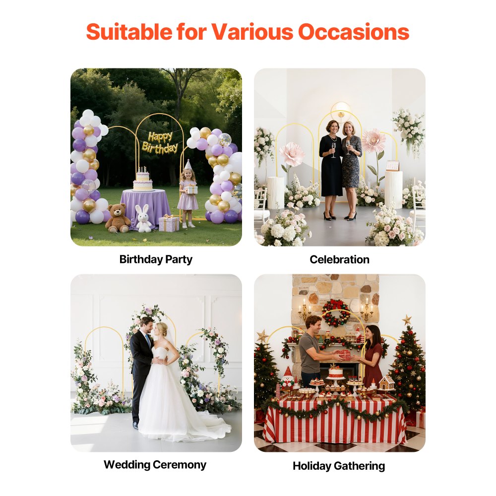 VEVOR Arch Backdrop Stand, Set of 3, 1.8/1.5/1.2 m, Stable Structure, Easy Assembly, Gold Metal Arch Backdrop Stand for Wedding, Birthday Party, Graduation, Celebration, and Ceremony Decoration