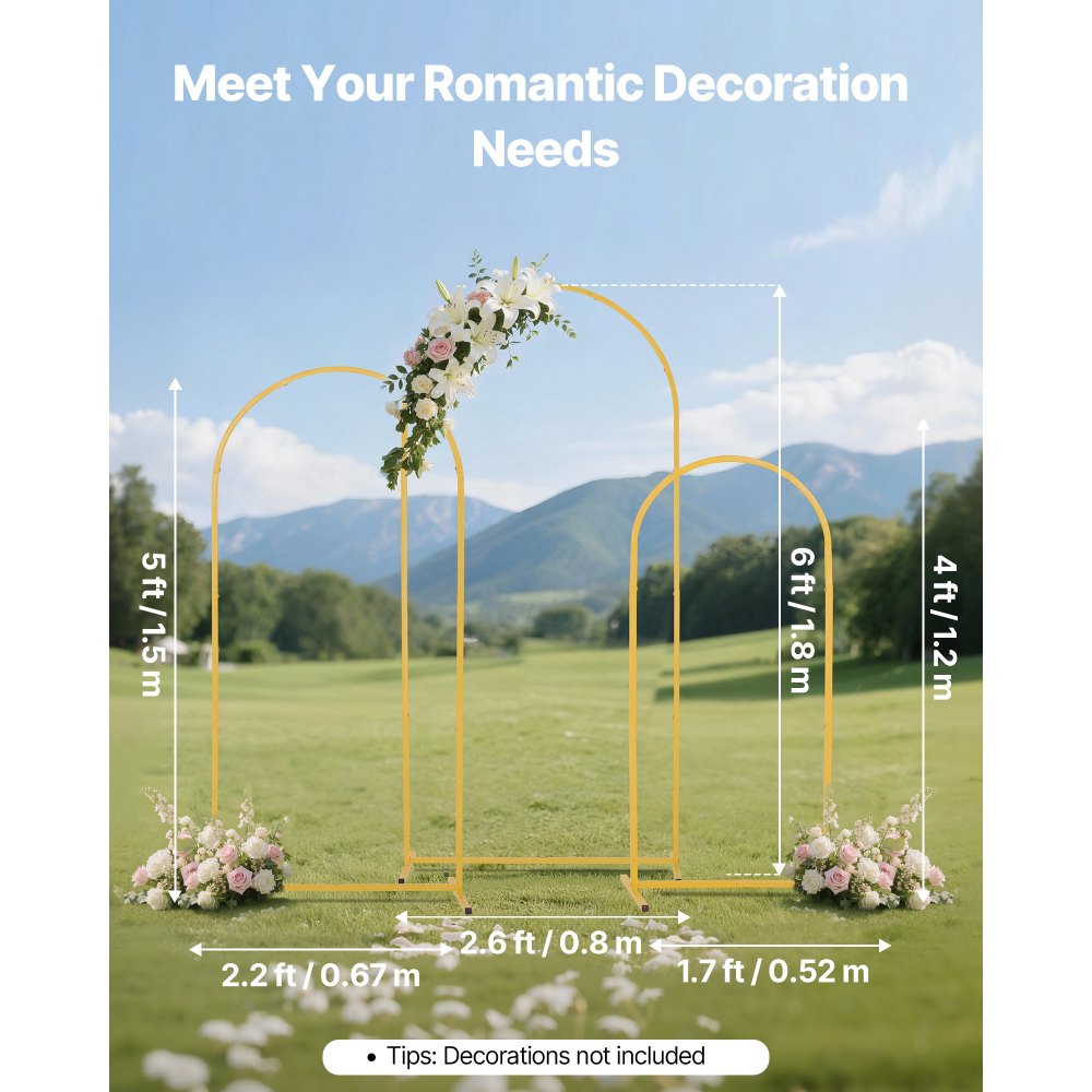 VEVOR Arch Backdrop Stand, Set of 3, 1.8/1.5/1.2 m, Stable Structure, Easy Assembly, Gold Metal Arch Backdrop Stand for Wedding, Birthday Party, Graduation, Celebration, and Ceremony Decoration