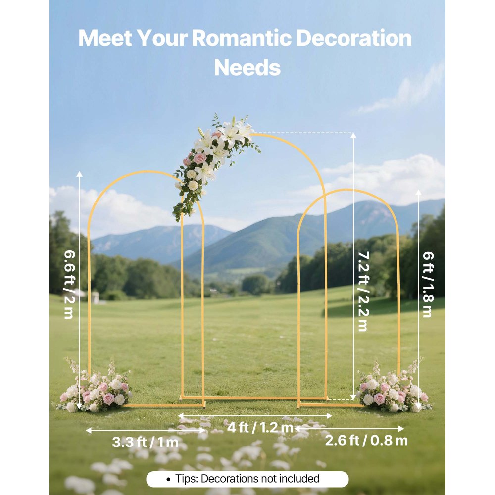 VEVOR Arch Backdrop Stand, Set of 3, 2.2/2/1.8 m , Stable Structure, Easy Assembly, Gold Metal Arch Backdrop Stand for Wedding, Birthday Party, Graduation, Holiday Celebration, and Ceremony Decoration