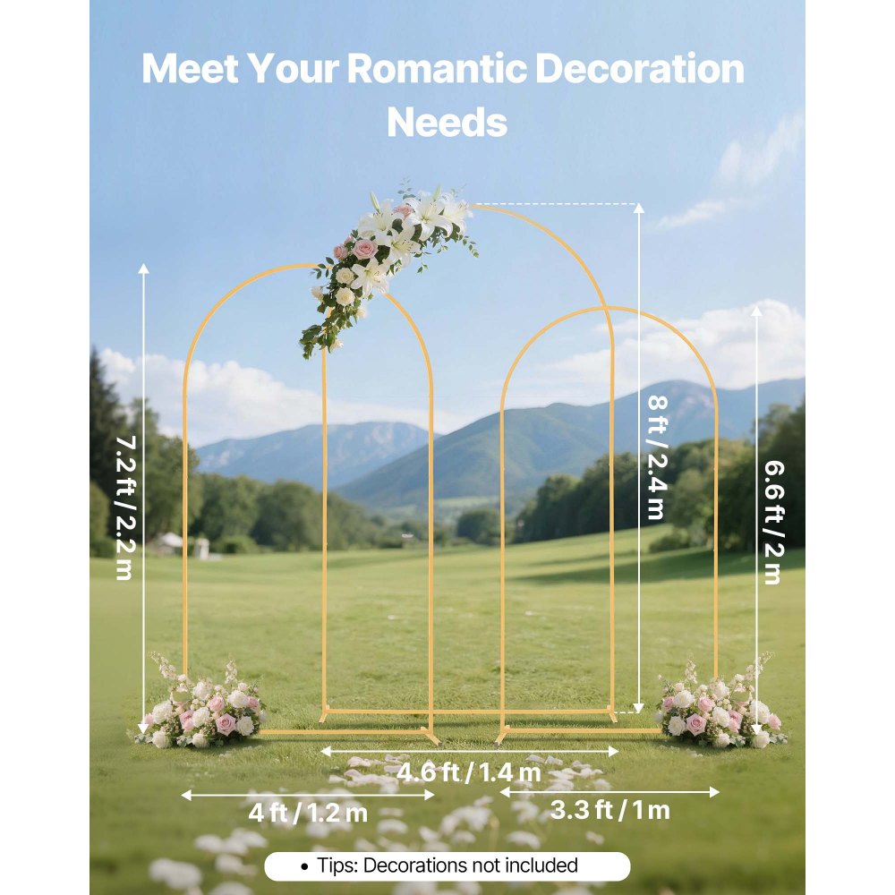 VEVOR Arch Backdrop Stand, Set of 3, 2.4/2.2/2 m, Stable Structure, Easy Assembly, Gold Metal Arch Backdrop Stand for Wedding, Birthday Party, Graduation, Holiday Celebration, and Ceremony Decoration