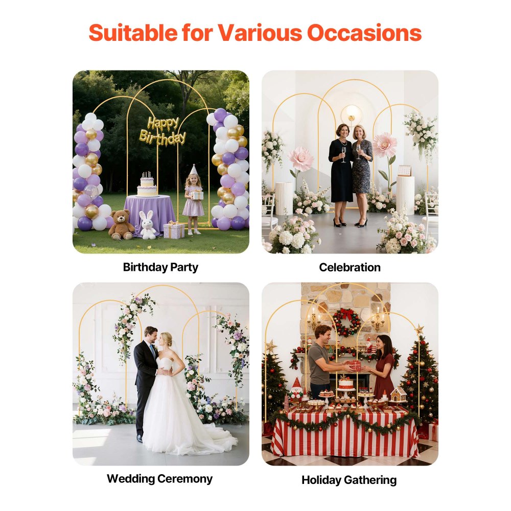 VEVOR Arch Backdrop Stand, Set of 3, 2.4/2.2/2 m, Stable Structure, Easy Assembly, Gold Metal Arch Backdrop Stand for Wedding, Birthday Party, Graduation, Holiday Celebration, and Ceremony Decoration