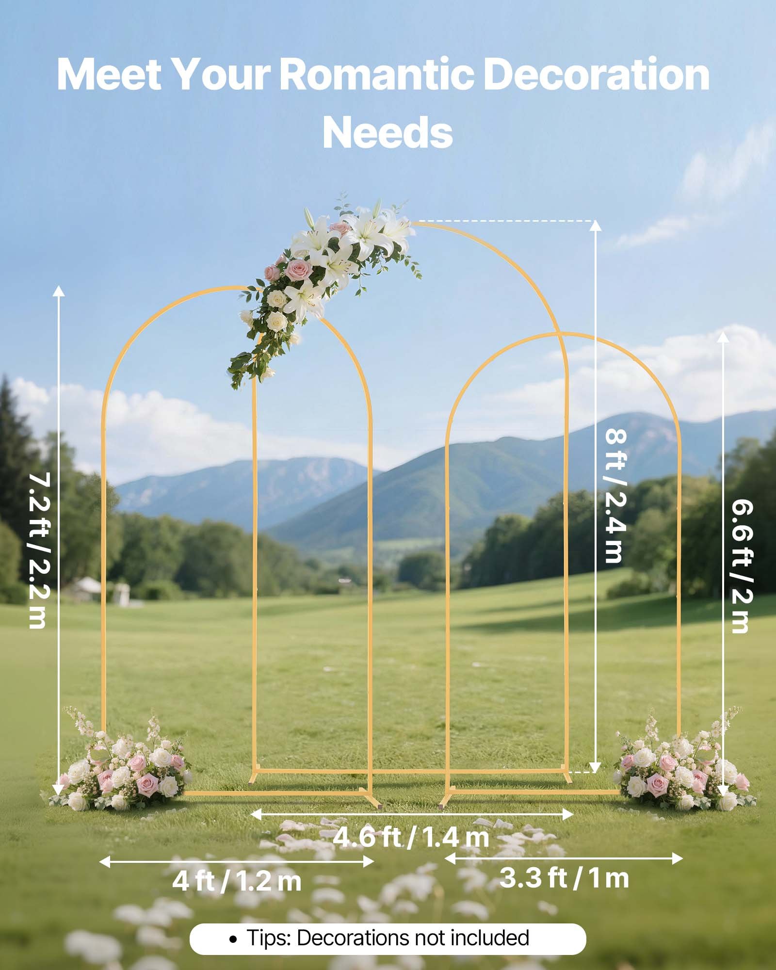 VEVOR Arch Backdrop Stand, Set of 3, 2.4/2.2/2 m, Stable Structure, Easy Assembly, Gold Metal Arch Backdrop Stand for Wedding, Birthday Party, Graduation, Holiday Celebration, and Ceremony Decoration