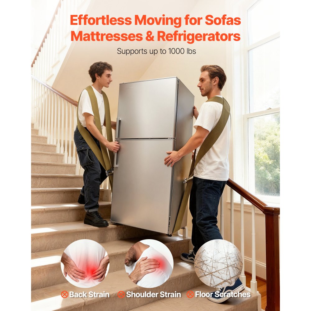 VEVOR Moving Straps, Supports up to 1000 lbs, 2-Person Lifting and Moving System with 2 Harness Straps & 1 Load-bearing Strap, Adjustable Lifting Shoulder Straps Move Furniture Appliances Mattresses