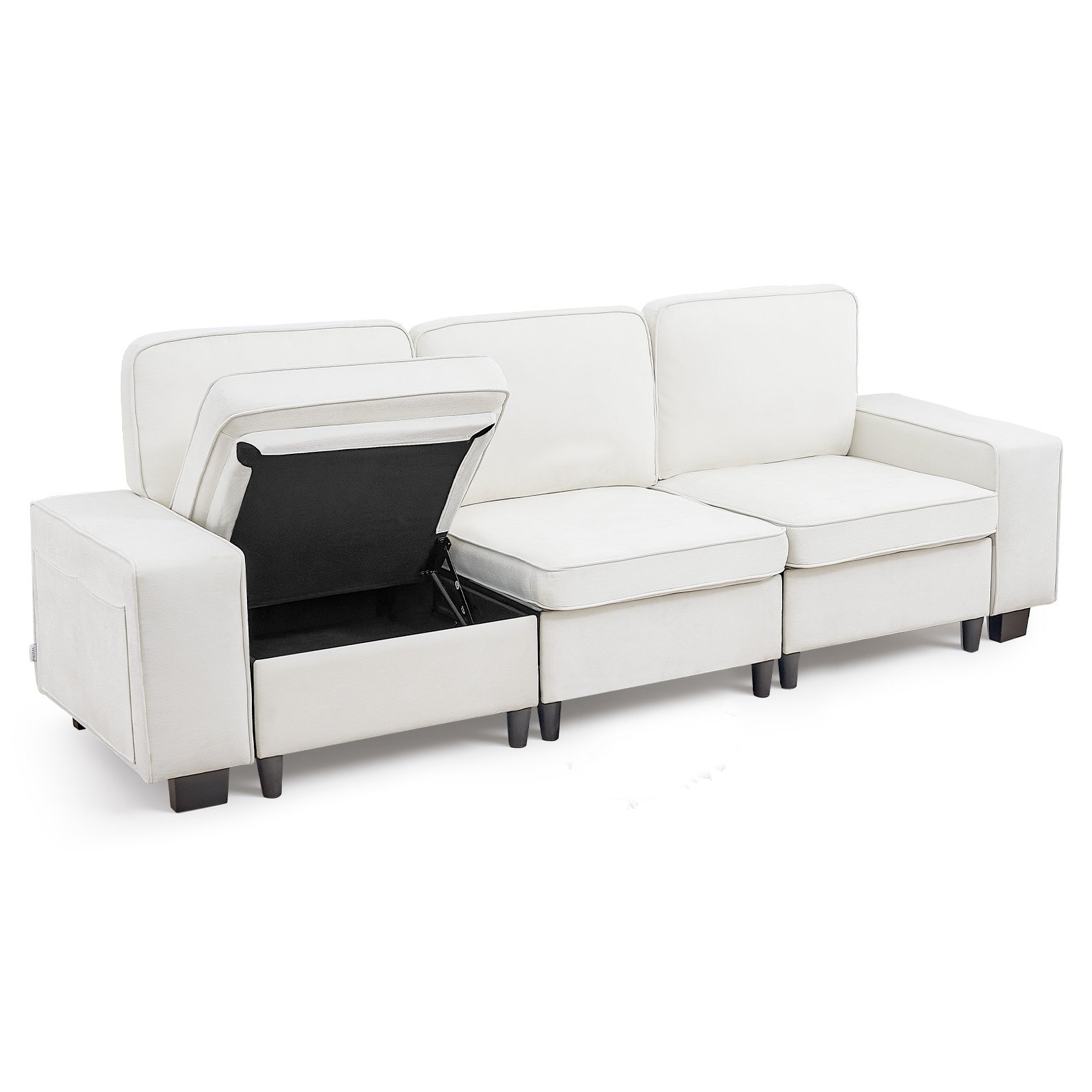 VEVOR 3 Steater Sofa, Modular Sectional Couch with Bottom Storage Space, Modern Comfy Cloud Sofa with Side Storage Pockets and Metal Frame, Ideal for Living Room, Bedroom, Apartment and Office, White