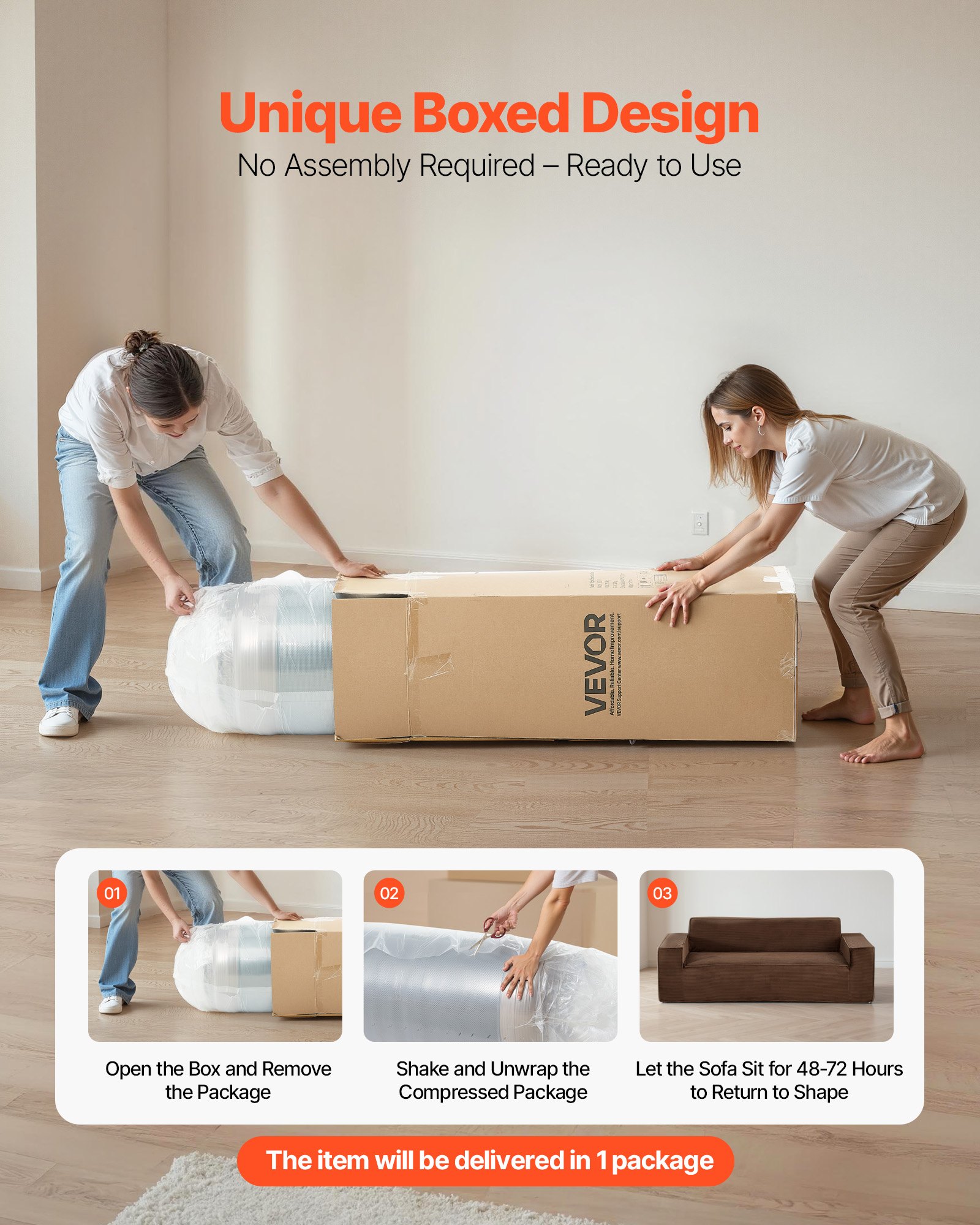 VEVOR 2110 mm Modern Sofa, Comfy Corduroy Couch with Deep Seats, Cloud Sofa with Wide Armrests, No Assembly Required, Large Plush Couch Ideal for Living Room, Bedroom, Apartment and Office, Brown