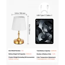 Cordless Table Lamp Rechargeable Battery Small Desk Lamp Fabric Shade Gold